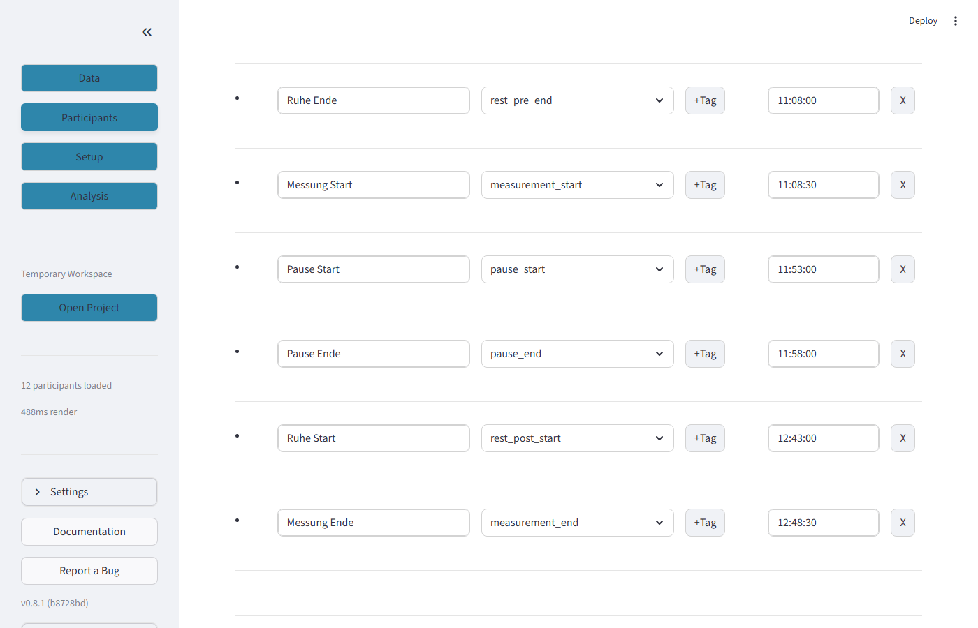 Detailed event list with raw labels, canonical names, and timestamps
