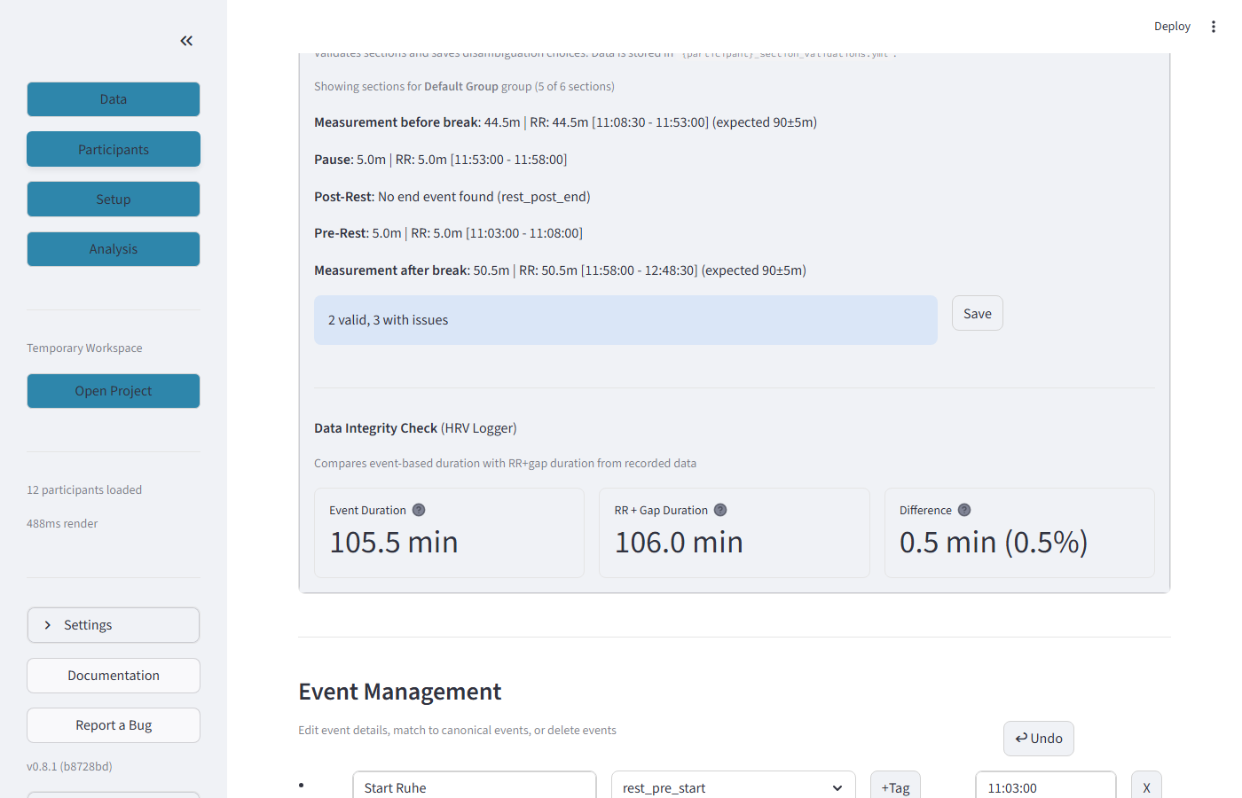 Section Validation showing measurement sections with timestamps and duration