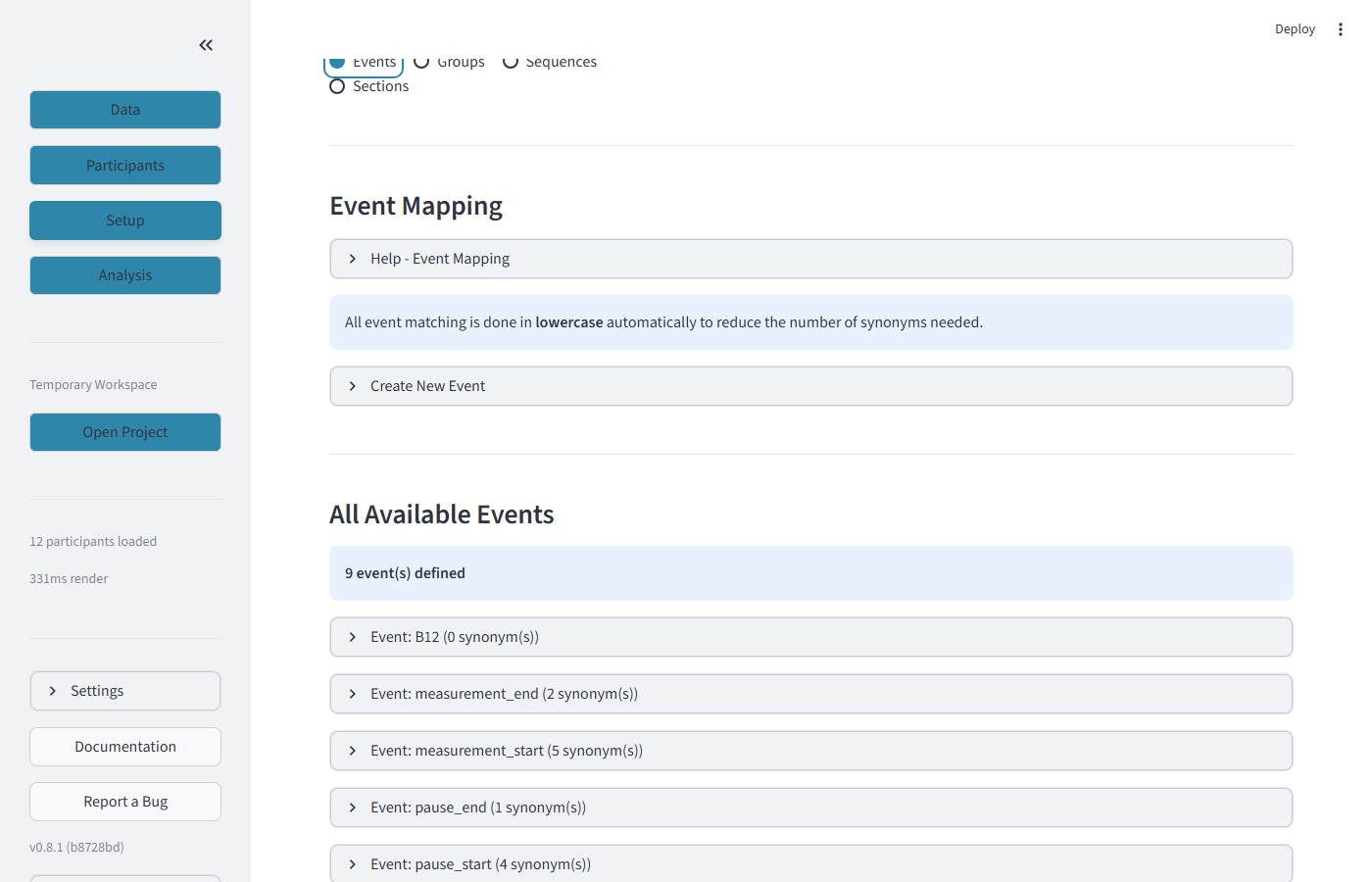 Event definitions table