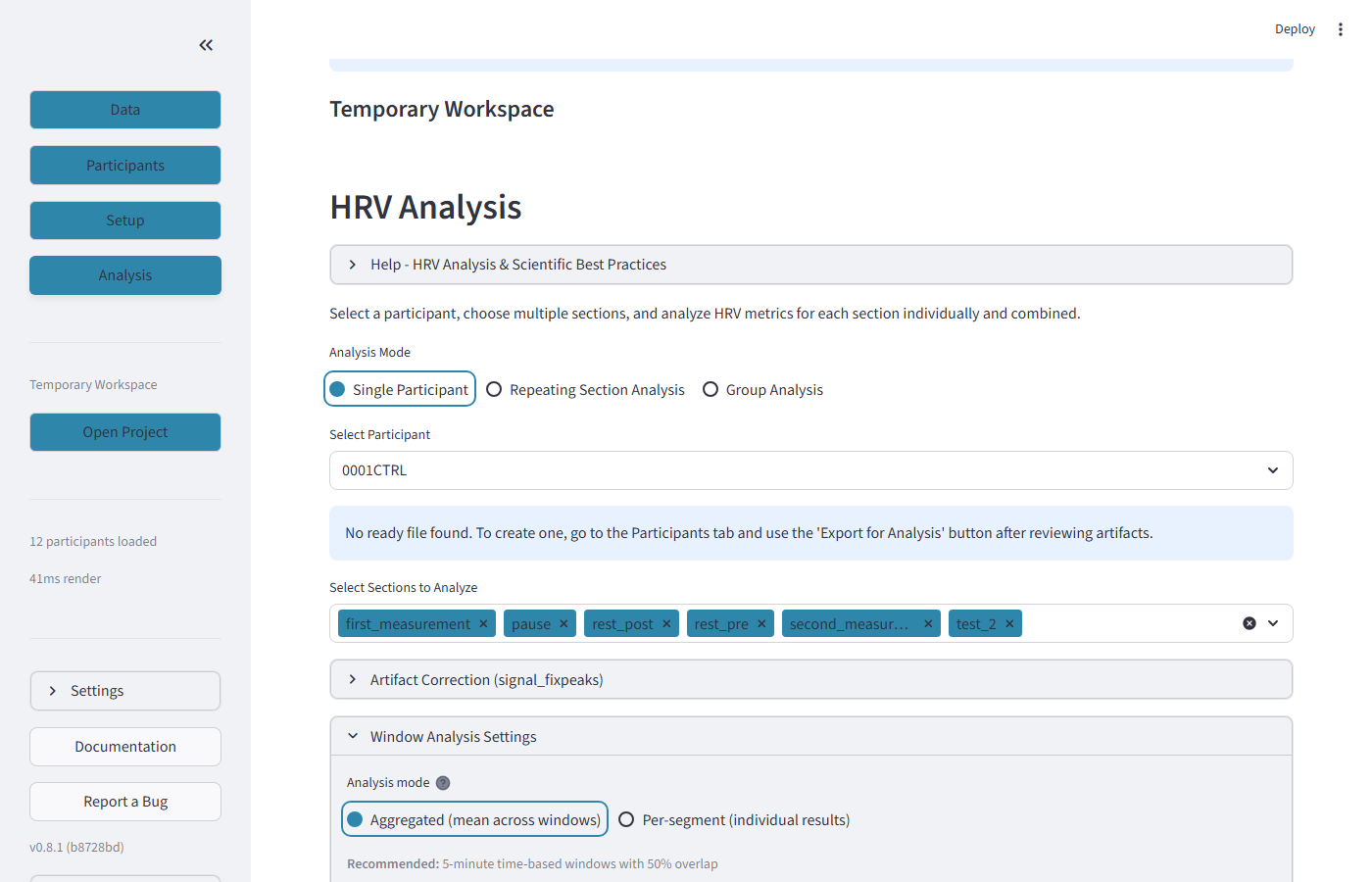 Single participant analysis settings